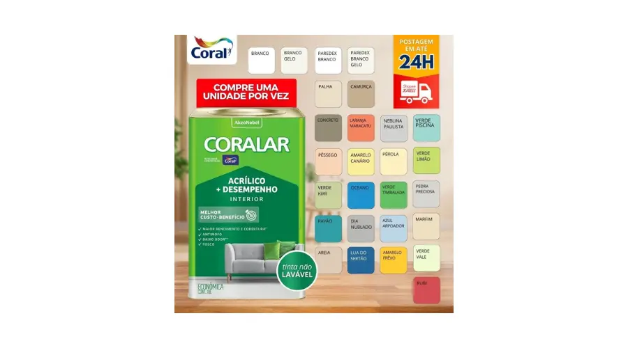 Imagem do anúncio Tinta Econômica Fosca Coralar Paredes Coral 18 Litros Anti Mofo Acrílica Interno Interior Cores